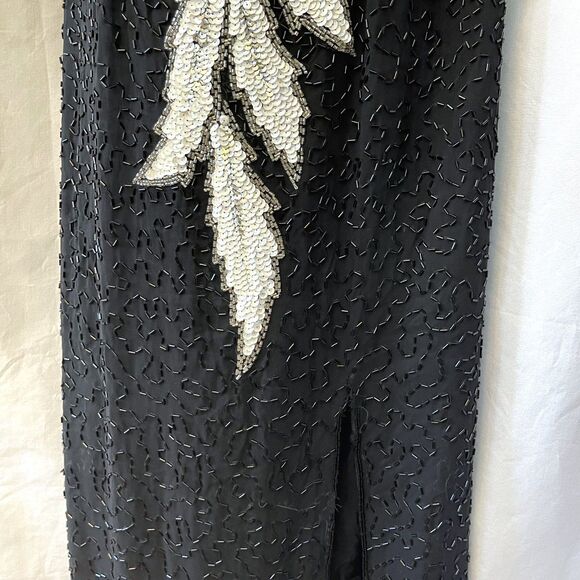 Cache Silk Hand Beaded Sequin Black White Dress 80s Puff Sleeve Womens 4 Leaves - Picture 4 of 16